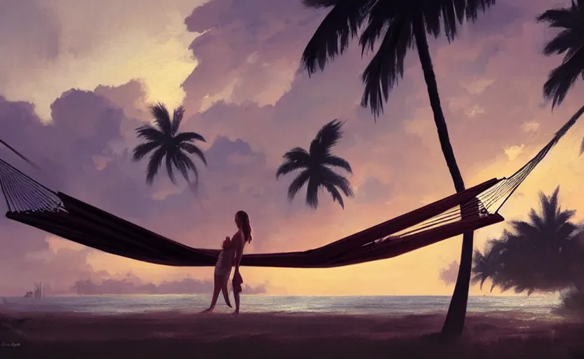 Image similar to painting of a hammock at sunset with tropical palm trees, natural light, concept art, by greg rutkowski, cozy atmospheric and cinematic lighting