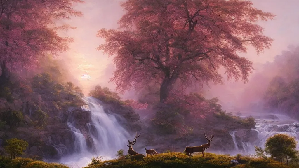 Image similar to the most beautiful panoramic landscape, oil painting, where a giant dreamy waterfall creates a river, the trees around are starting to bloom in pink and purple colors, a majestic deer is in close - up and it is under a giant tree while it is exhaling steam, the ray lights of the sunrise are brightening him, by greg rutkowski