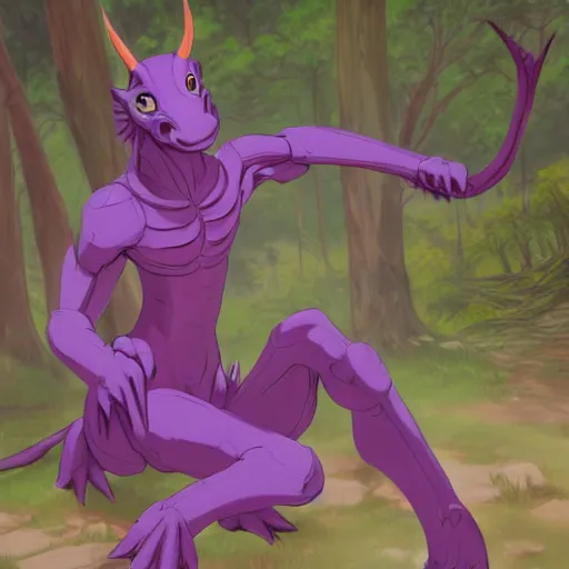 Image similar to concept art painting of an anthropomorphic purple humanoid bipedal dragon, in the deep forest, realistic, detailed, cel shaded, in the style of makoto shinkai and greg rutkowski and james gurney