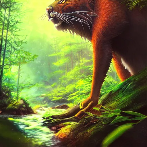 Image similar to animal life in the forest, river stream, predators and prey, vivid colors, realistic photo, environmental lighting, award - winning masterpiece photograph, cinematic view, studio ghibli, artgerm, high detail