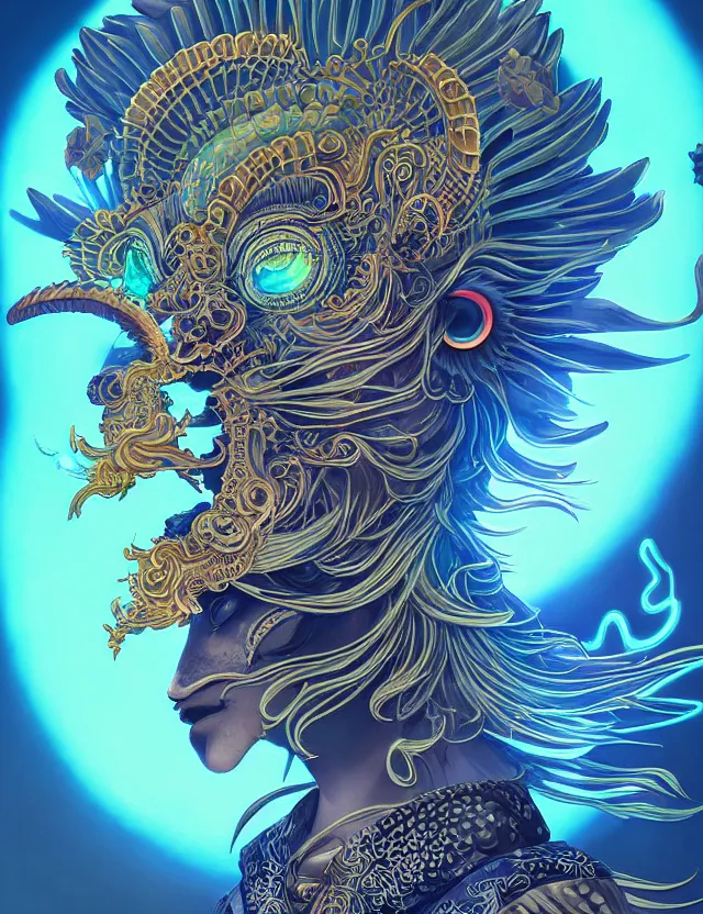 Image similar to 3 d goddess close - up profile solarpunk portrait ram skull. beautiful intricately detailed japanese crow kitsune mask and clasical japanese kimono. betta fish, jellyfish phoenix, bio luminescent, plasma, ice, water, wind, creature, artwork by tooth wu and wlop and beeple and greg rutkowski