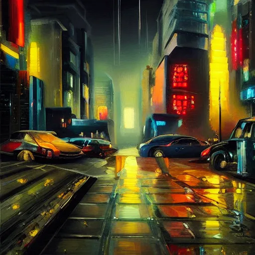 Image similar to car light far away on the cyberpunk street, future, old oil painting