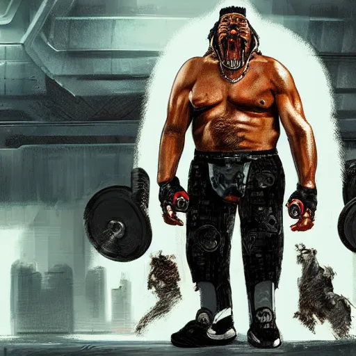 Image similar to danny trejo deadlifting a cyborg bear, cyberpunk style, concept art, trending on artstation