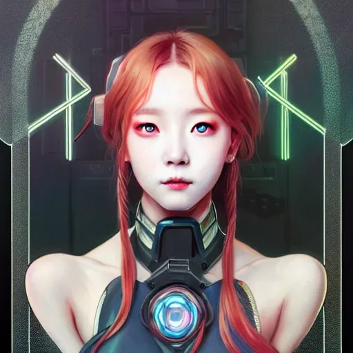 Image similar to portrait painting of cyberpunk chuu from loona as a cheerful smiling mercenary, ultra realistic, concept art, intricate details, eerie, highly detailed, photorealistic, octane render, 8 k, unreal engine. art by artgerm and greg rutkowski and magali villeneuve and alphonse mucha