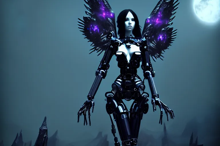 Prompt: gothic girl hybrid cyborg angel wearing cybor clothes shaping the universe, eerie, cinematic, epic, 8 k, ultra realistic, rendered by awesomeness. | nights falling wind is blowwing snow is pilling concept art. | backround of beautiful floweres