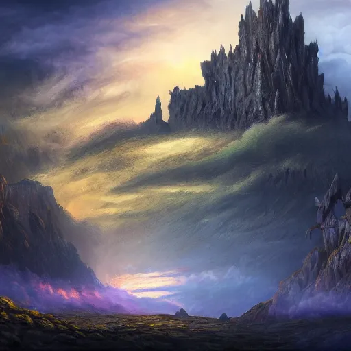 Prompt: basalt cliffs with lot of clouds fantasy landscape, high detail, fantasy art, concept art, 4 k, ultra detail, computer art