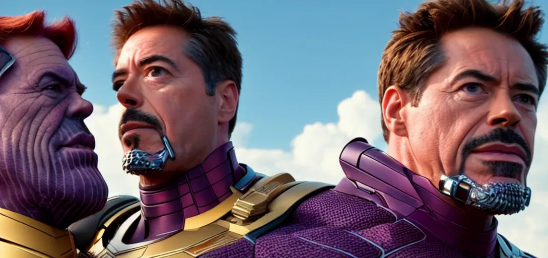 Image similar to a very high resolution image from a new movie. thanos kissing tony stark on a lake, photorealistic, photography, directed by wes anderson