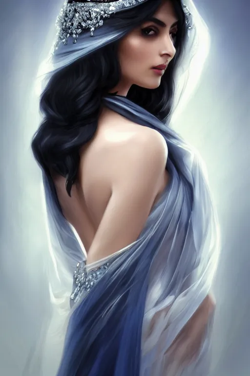 Image similar to back portrait of Ameera al-Taweel, blue eyes, long wavy black hair, fierce look, white veil, closeup, focus face, elegant, highly detailed, centered, digital painting, artstation, concept art, art by artgerm