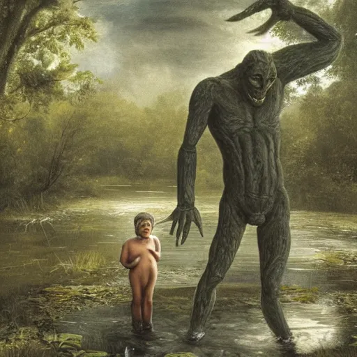 Prompt: a humanoid monster emerging from a pond