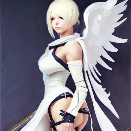 Image similar to greg manchess painting of a 2 yorha type a no. 2 as mercy from overwatch!! in a wartorn environment, white long hair, large white wings, organic painting, trending on artstation, by huang guangjian and gil elvgren and sachin teng