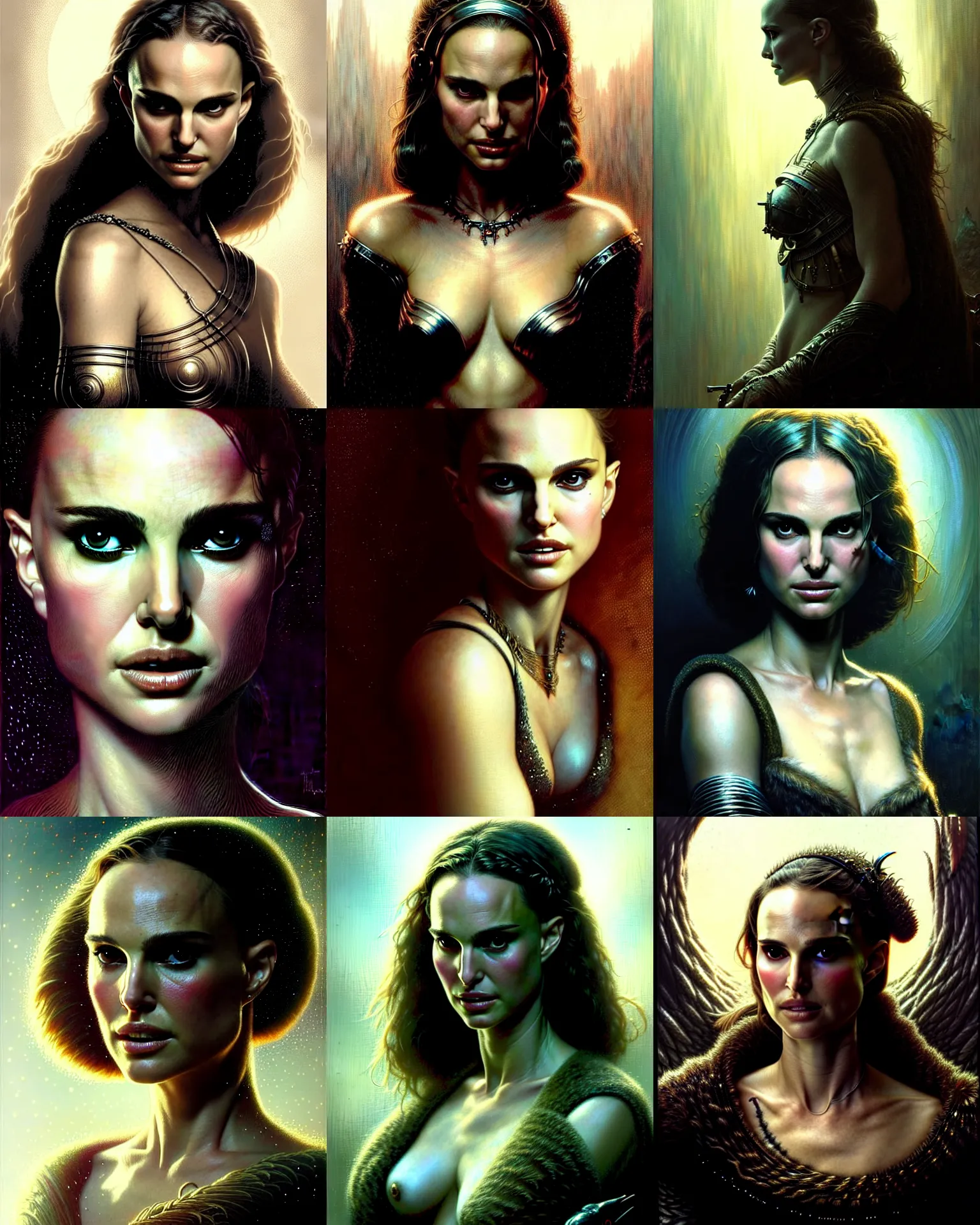 Image similar to a portrait of natalie portman fantasy character portrait, ultra realistic, cinematic, concept art, wide angle, intricate details, hologram, highly detailed by greg rutkowski, aaron horkey, gaston bussiere, craig mullins, simon bisley, arthur rackham