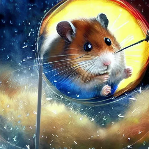 Image similar to japanese hamster samurai. with long sword. anime art. painting. rain of meteors on background. hyper realistic image