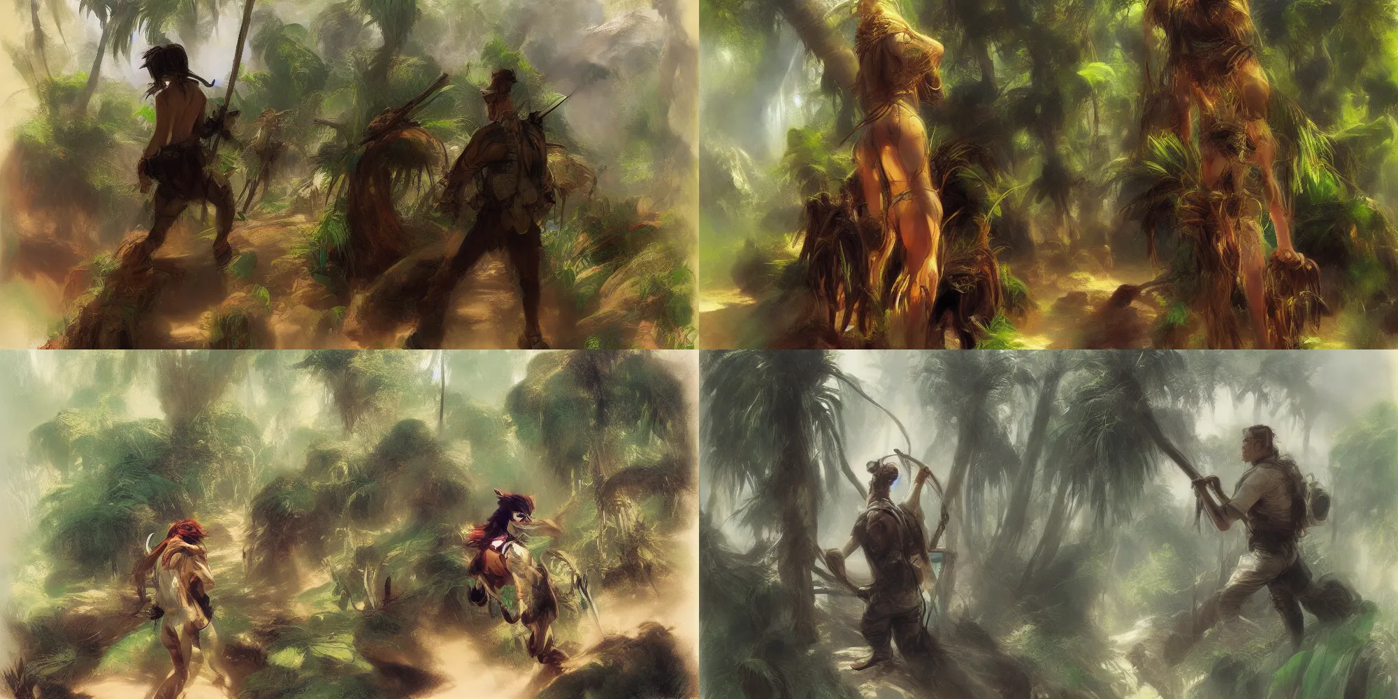 Prompt: character design, jungle adventurer, seen from behind, thomas moran, syd mead style,