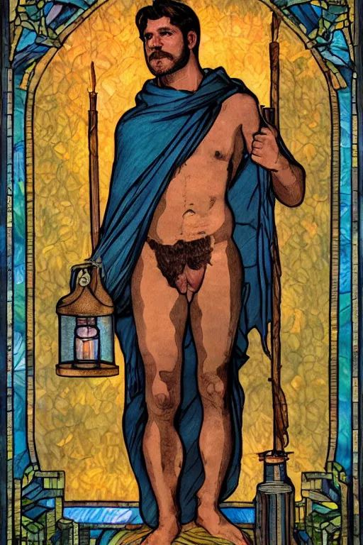 Prompt: tarot card of a shirtless handsome beefy cowboy holding a lantern | dark cerulean cloak, dad bod, homoerotic, art deco, art nouveau | by louis comfort tiffany | trending on artstation