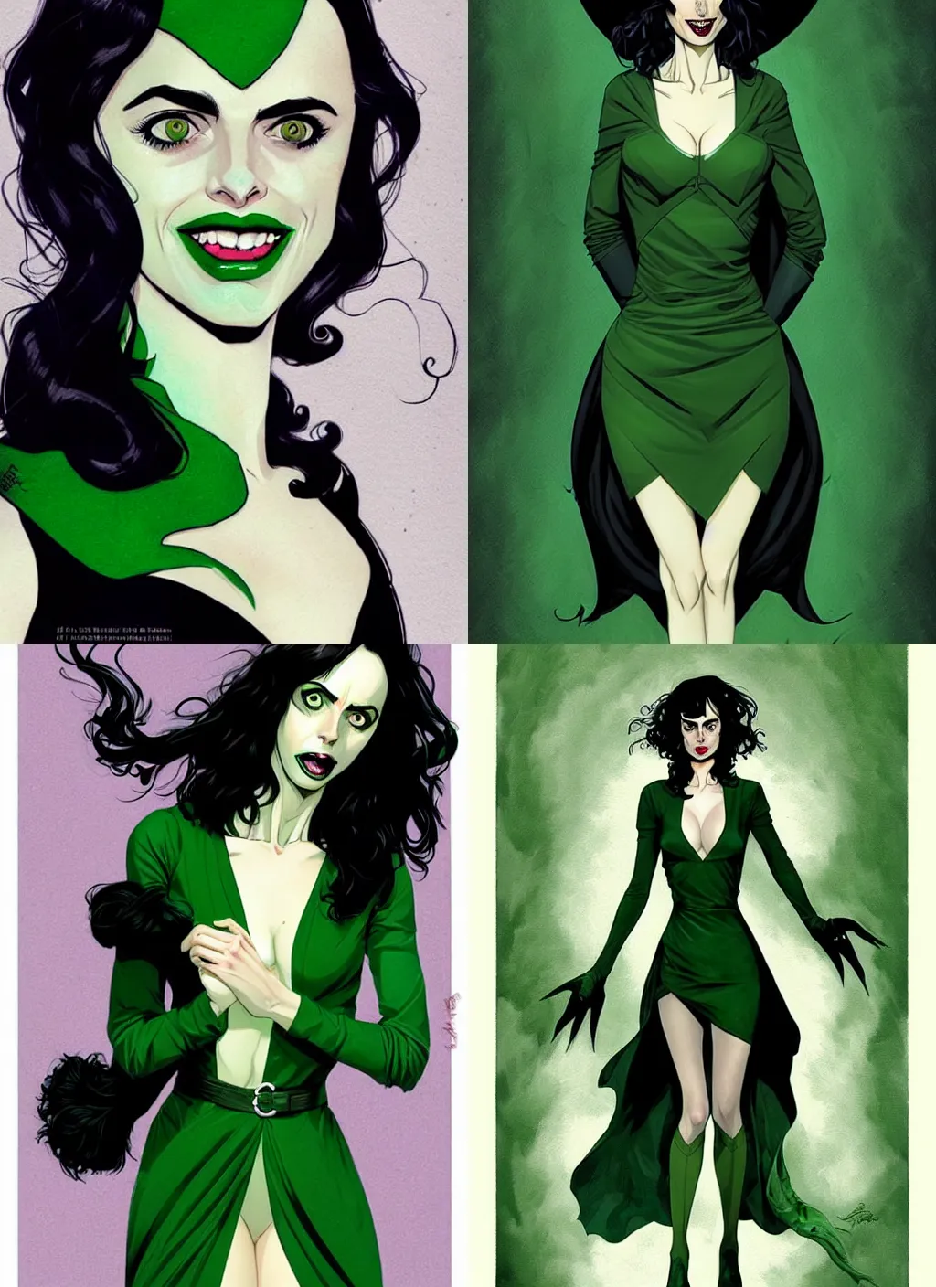 Image similar to Female witch Krysten Ritter, style of Joshua Middleton comic book art Nick Dragotta comic art, black and green eyes, symmetrical face, symmetrical eyes, scary smile, full body, dark green dress