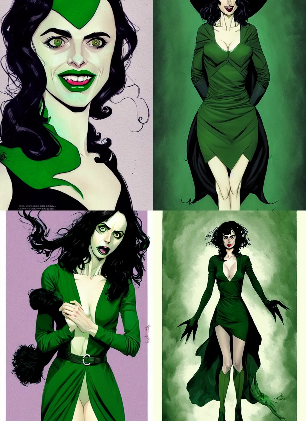 Prompt: Female witch Krysten Ritter, style of Joshua Middleton comic book art Nick Dragotta comic art, black and green eyes, symmetrical face, symmetrical eyes, scary smile, full body, dark green dress