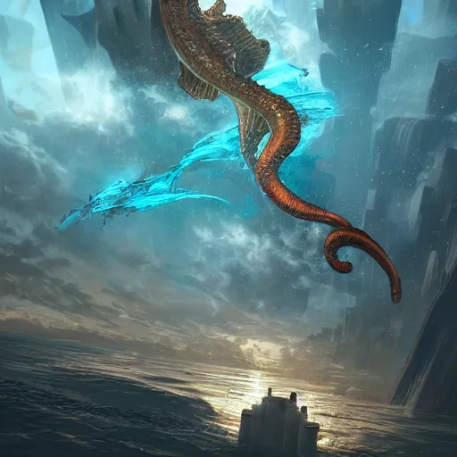 Image similar to a giant seahorse swimming above the city of atlantis by Cedric Peyravernay, highly detailed, full view of seahorse, excellent composition, cinematic concept art, rich dramatic lighting, trending on ArtStation