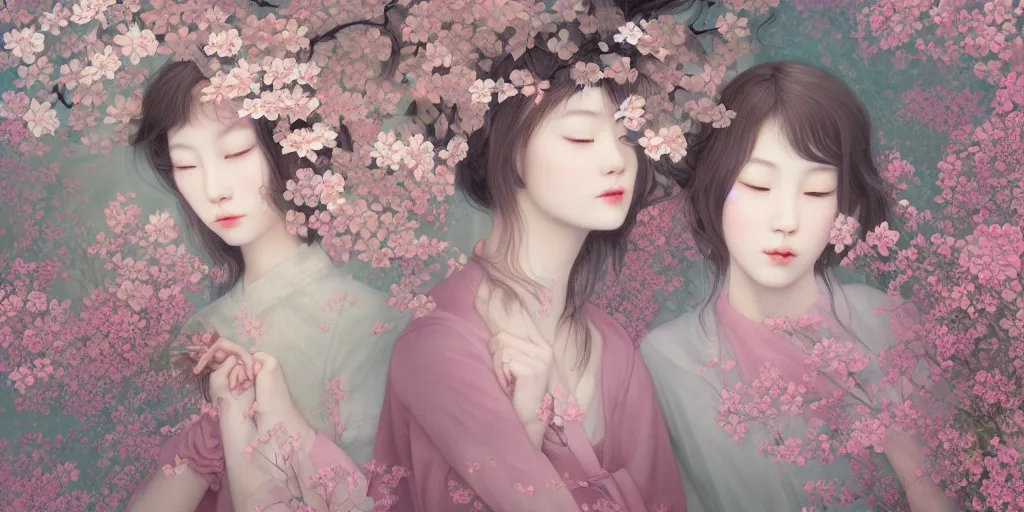 Image similar to breathtaking delicate detailed concept art painting pattern blend of flowers and girls, by hsiao - ron cheng, bizarre compositions, exquisite detail, pastel colors, 8 k