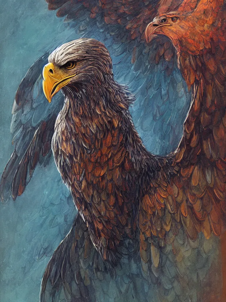 Prompt: symmetrical realistic full body of anthromorphic photo portrait of an eagle! wearing leather armor with large wings spread wide, by jack kirby italo calvino roger dean and alena aenami