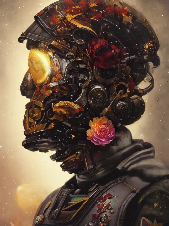 Prompt: art portrait of space marine with flower exploding out of head,by tristan eaton,Stanley Artgermm,Tom Bagshaw,Greg Rutkowski,Carne Griffiths,trending on DeviantArt,face enhance,hyper detailed,minimalist,cybernetic, android, blade runner,full of colour,