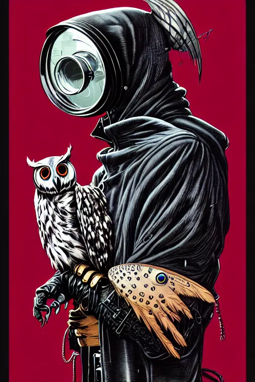 Image similar to side view of a hooded steampunk alchemist wizard holding his majestic owl on glove, high details, bold line art, by vincent di fate and joe fenton, inking, etching, screen print, masterpiece, trending on artstation, sharp, high contrast, hyper - detailed,, hd, 4 k, 8 k