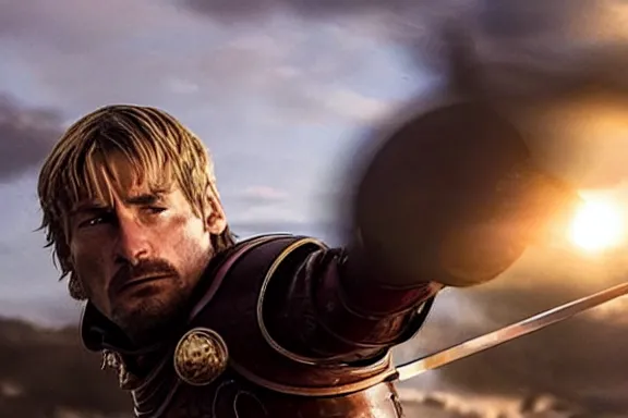 Image similar to very very intricate photorealistic photo of jaime lannister fighting cersei, photo is in focus with detailed atmospheric lighting, award - winning details