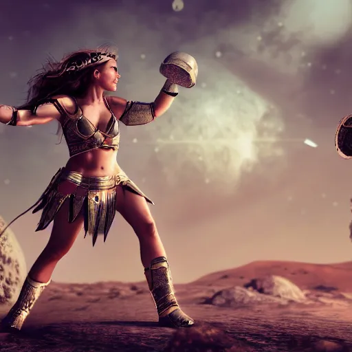 Image similar to beautiful gladiator woman fight on moon, hd, hdr, amoled, 4 k, digital art, artstation, photorealistic, hyperrealism, 3 d