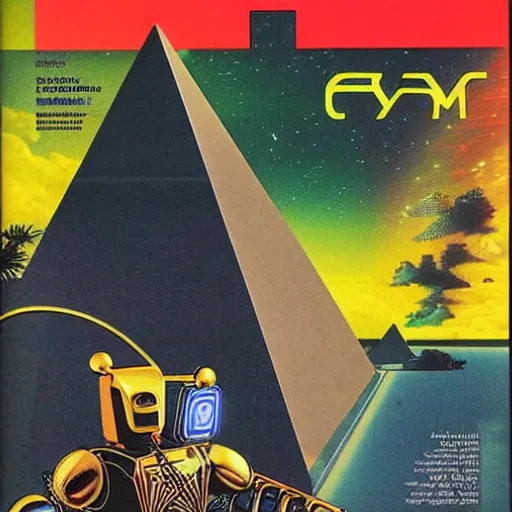 Prompt: 1983 Omni Magazine cover featuring airbrushed art of dramatic pyramids and robot masks, all centered over infinite cyber grid