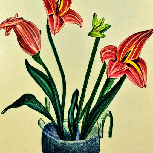 Prompt: a painting of lilies in the style of judy woodborn, copperplate etching