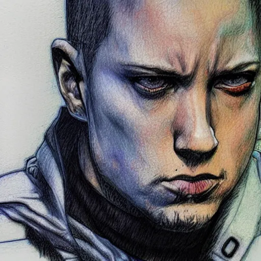 Image similar to color pencil sketch of Eminem, Yoji Shinkawa