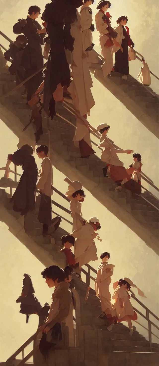 Prompt: stairway to heaven, winter, in the style of studio ghibli, j. c. leyendecker, greg rutkowski, artem