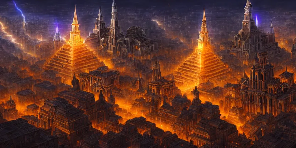 Image similar to magical city of the Great Tartarian Empire adorned with amazing lost technology, lighting resembling fireflies, spires from rooftops collecting and distributing etheric energy, the centerpiece of the city is a colossal ancient pyramid made of metal, cityscape, combining intense detail & utmost quality, Christian Hecker, Artstation, - H 832