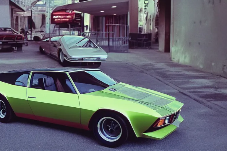 Image similar to designed by giorgetto giugiaro stylized poser of a single 1 9 7 3 bmw m 1 chevelle, thick neon lights, ektachrome photograph, volumetric lighting, f 8 aperture, cinematic eastman 5 3 8 4 film