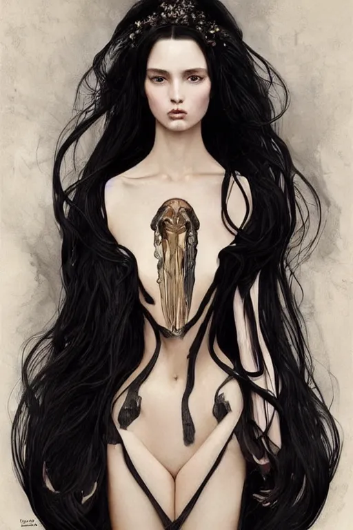 Prompt: beautiful model with long black hair wearing epic haute couture by Alexander McQueen, extremely beautiful and proportionate face, in the aesthetic of mert and marcus, masterpiece, intricate, elegant wardrobe, highly detailed, digital painting, artstation, concept art, smooth, sharp focus, illustration, art by artgerm and james jean and greg rutkowski and alphonse mucha