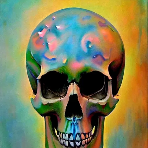 Prompt: A beautiful kinetic sculpture of a skull that is part organic, part mechanic. It is an accurate representation of how the artist sees the world. by Lori Earley, by Antoine Blanchard colorful, geometric