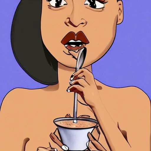 Image similar to Cartoon caricature of Doja Cat with a spoon in her hand