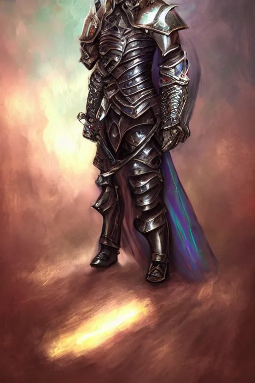 Image similar to Full-length portrait of a paladin in iridescent heavy armor, dark fantasy, digital art.