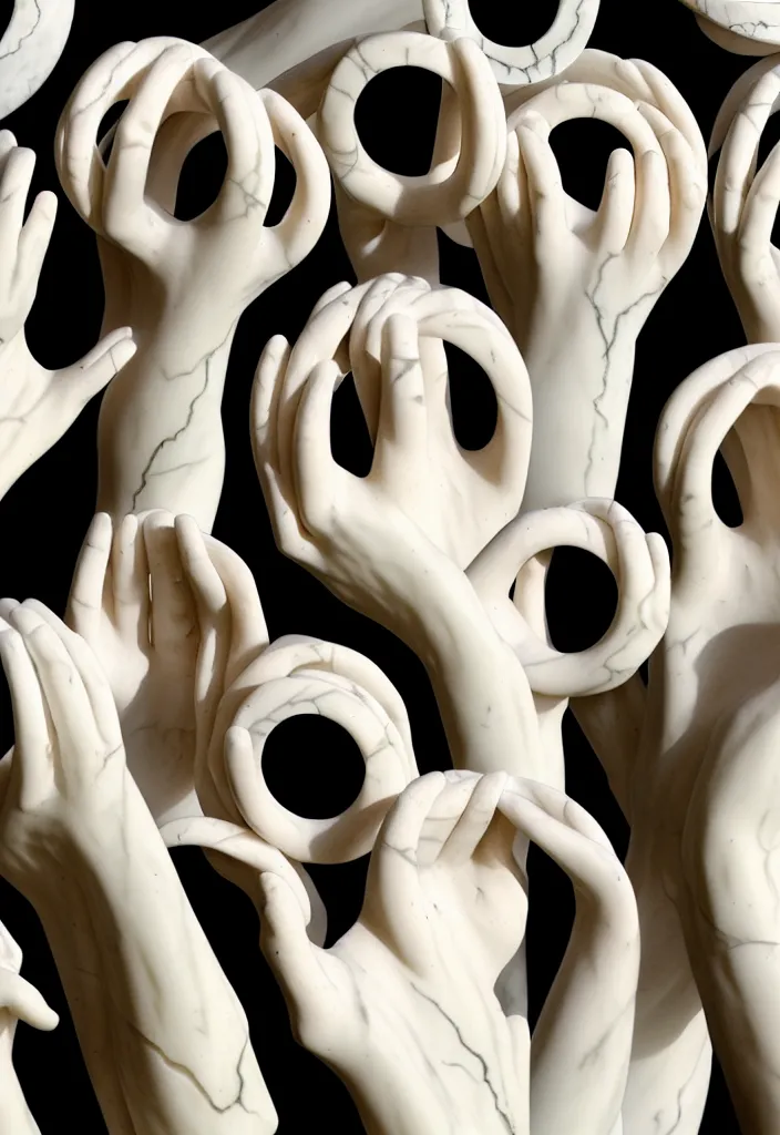 Prompt: a stack of hands carved from marble, little black circles