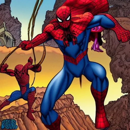 Image similar to the maxx stomping on spider - man in the outback