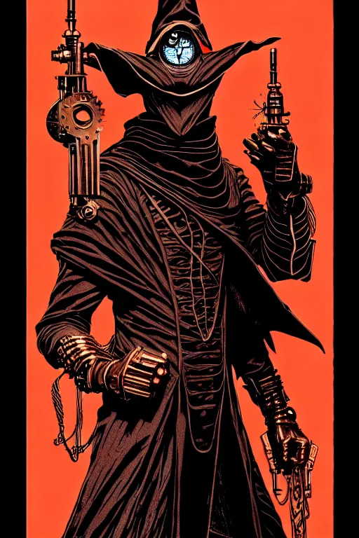 Image similar to cloaked steampunk wizard, high details, intricately detailed, by vincent di fate, inking, 3 color screen print, masterpiece, trending on artstation,, sharp, details, hyper - detailed, hd, 4 k, 8 k