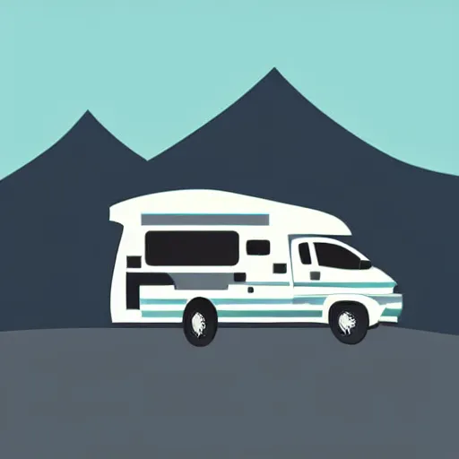 Prompt: very very very stylized minimal vector graphic of a thor chateau motorhome, mountains, highway and sunset!!, white background, dramatic, professional minimal simplified graphic design cartoon, 3 colors!!