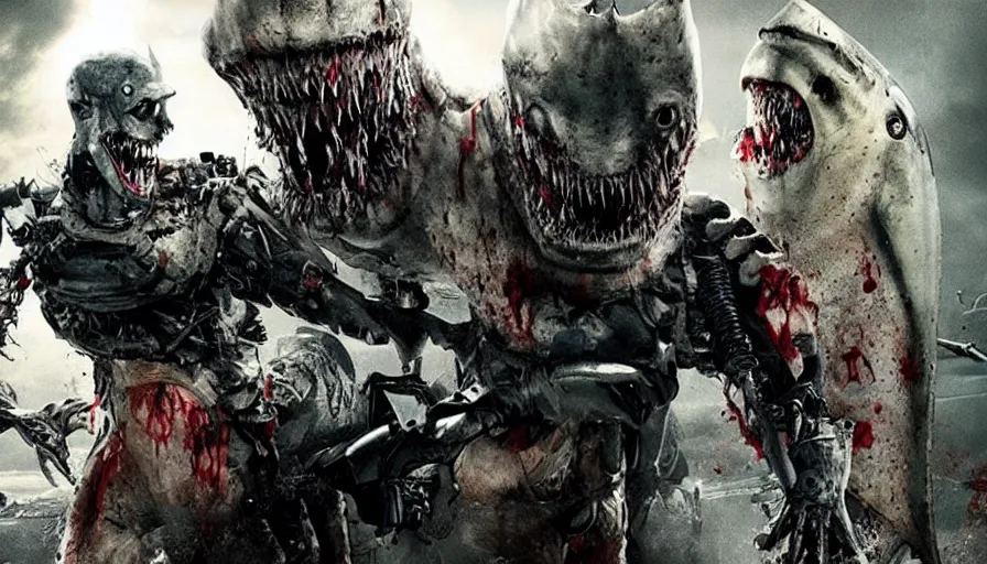 Prompt: Big budget horror movie where a cyborg shark with massive teeth rips a soldier to bloody shreds