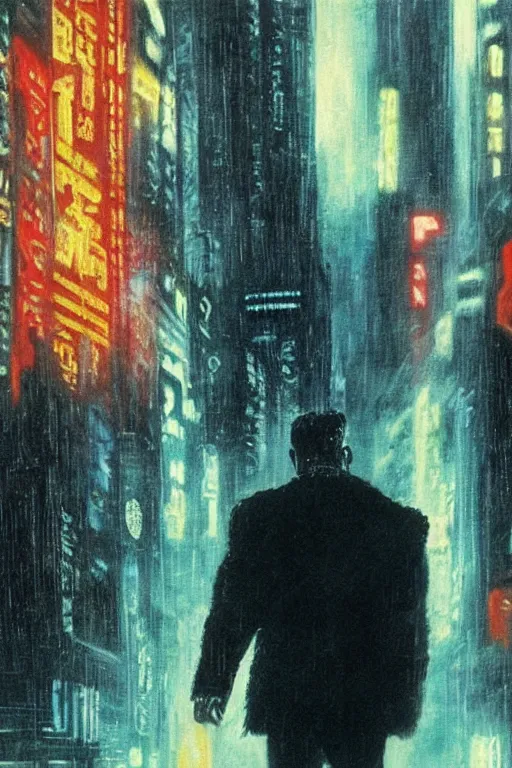 Image similar to a moving painting of the final scene of blade runner where replicant roy batty realizes the very absurdity of life when all memories will be lost in time like tears in the rain, in the style of blade runner, ridley scott