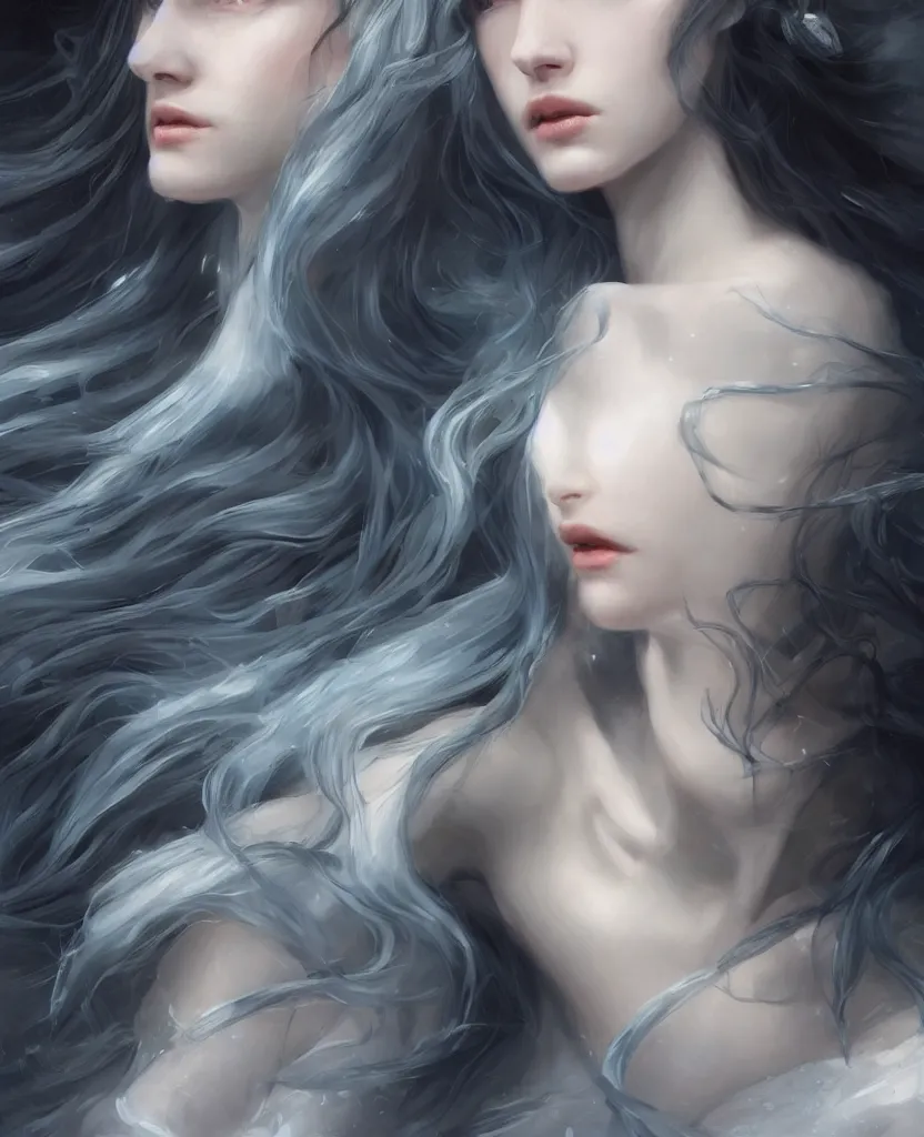 Image similar to ice queen with long dark curly hair, stoic, pale skin, dramatic, epic painting, painted by artgerm and wlop, cgsociety, beautiful, artbreeder, artstation, octane render, sharpness, 8 k, golden ratio