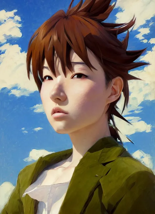 Image similar to portrait of Asuka Soryu Langley, Anime, countryside, calm, fantasy character portrait, dynamic pose, above view, sunny day, thunder clouds in the sky, artwork by Jeremy Lipkin and Giuseppe Dangelico Pino and Michael Garmash and Rob Rey, very coherent asymmetrical artwork, sharp edges, perfect face, simple form, 100mm