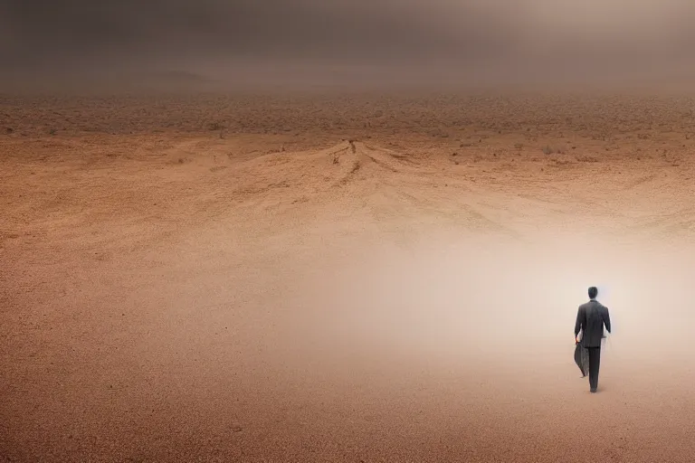 Prompt: a cinematic landscape photograph of a man dressed in a business suit trekking through a desert, dust storm, thunder and lightning, lee madgwick and zack snyder, 8 k, hd, high resolution, 3 5 mm, f / 3 2, tenet