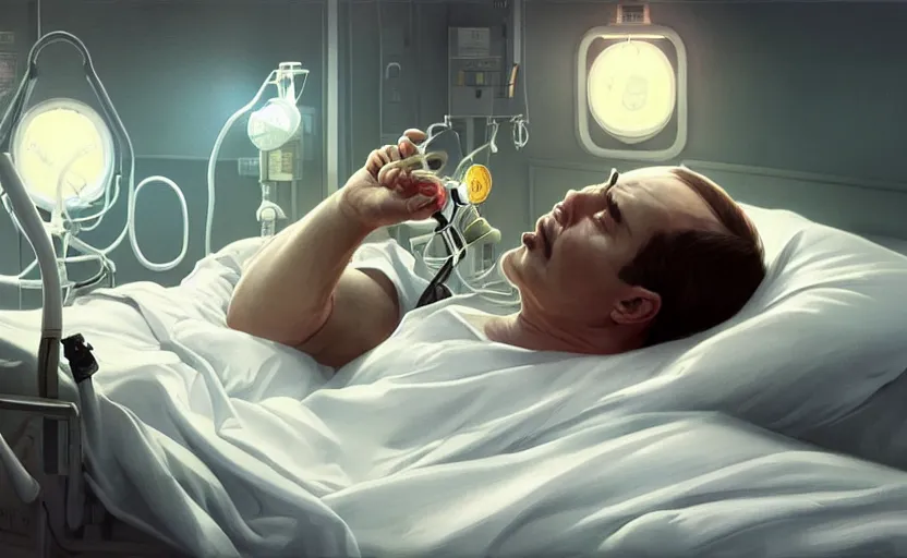Prompt: Putin lies in hospital bed with an oxygen mask, intricate, portrait, highly detailed, digital painting, artstation, concept art, smooth, sharp focus, illustration, cinematic lighting, art by artgerm and greg rutkowski and alphonse mucha