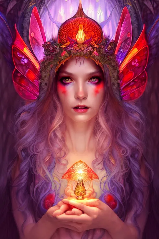 Prompt: stunningly beautiful female faerie priestess in amanita muscaria forest landscape, symmetrical wings on back, symmetrical detailed face, neon hair, fantasy art, dark light night, sharp focus, digital painting, 4 k, concept art, art by wlop, artgerm, greg rutkowski and alphonse mucha