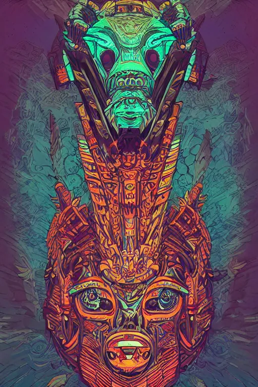 Image similar to totem animal tribal chaman vodoo mask feather gemstone plant video game illustration vivid color borderlands and by feng zhu and loish and laurie greasley, victo ngai, andreas rocha, john harris radiating a glowing aura