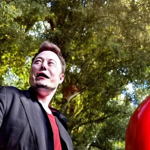 Image similar to portrait photo of elon musk finding a giant red mushroom, exhilarated, portrait, closeup. mouth open, 30mm, bokeh
